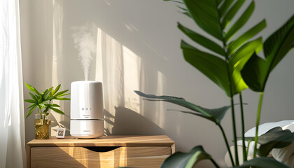 Air humidifier on chest of drawers near green houseplant against grey wall