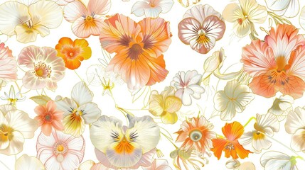   A close-up of various colored flowers on a white background - orange, pink, yellow, and white