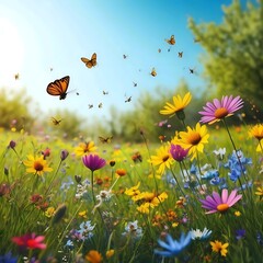 Obraz premium Nature background a vibrant spring meadow filled with blooming wildflowers, buzzing bees, and butterflies fluttering above the colorful blooms
