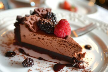 Indulge in decadent chocolate cheesecake delight with berries and gourmet raspberry and blackberry topping. Served on an elegant plate with a slice of creamy. Rich. And tasty cake. Pastry