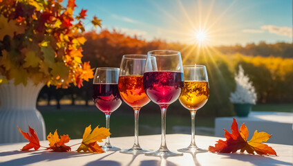 Glasses with wine, autumn leaves on the table in nature design