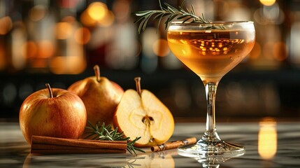   A glass of apple cider rests beside a cinnamon stick and an apple on a table, with a bottle of cider visible in the background