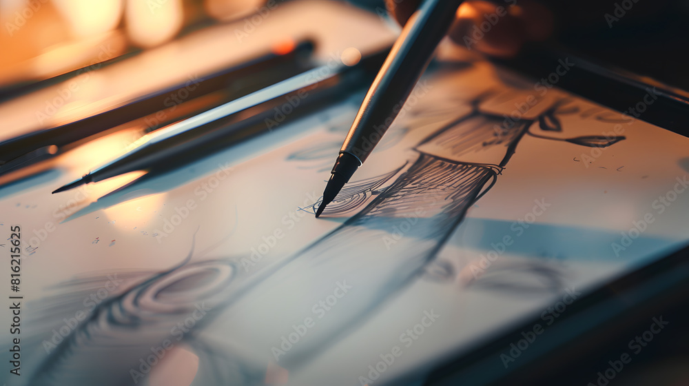 Poster graphic tablet of drawing on blank sheet with traditional drawing elements : generative ai