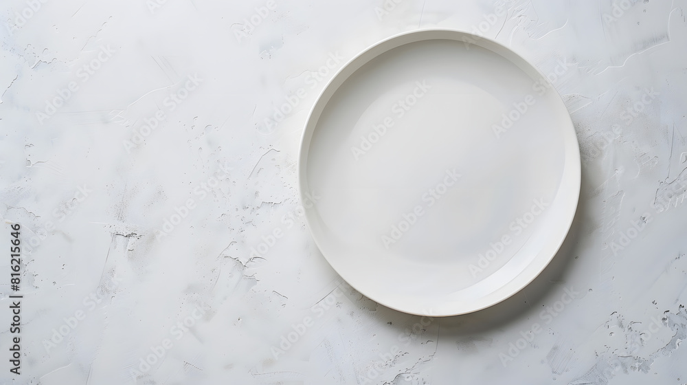 Poster Empty white plate  on white stone table top view copy space : Generative AI