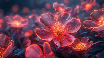 beautiful flowers, glowing neon lines, no dark technological background ,generative ai