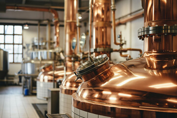 polished copper tanks used for aging and storing beer, brewerys industrial setting, warm, golden lighting, emphasizing the precision and craftsmanship of modern brewing techniques.