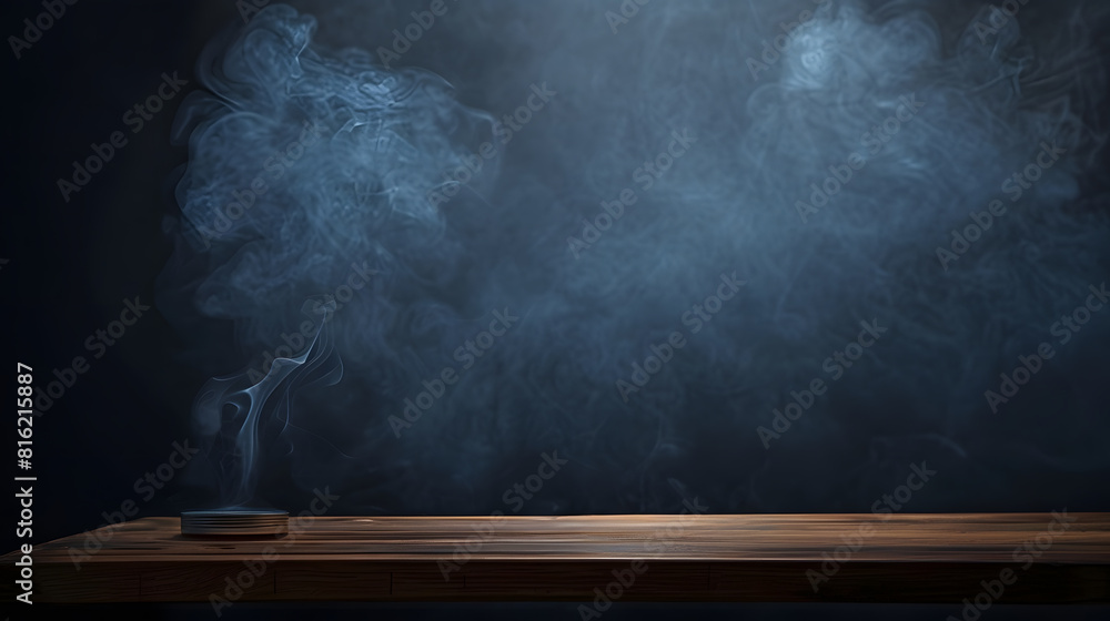Aufkleber empty wooden table with smoke float up on dark background : Generative AI