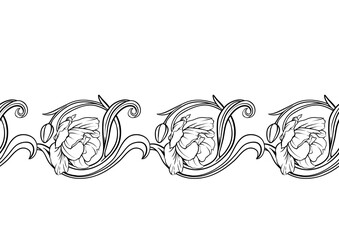 Fototapeta premium Terri Tulip flowers, decorative flowers and leaves in art nouveau style, vintage, old, retro style. Seamless pattern, background. Vector illustration.