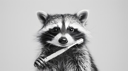 A raccoon is holding a toothbrush in its mouth. The image is black and white, giving it a vintage and artistic feel. The raccoon's expression is playful and curious