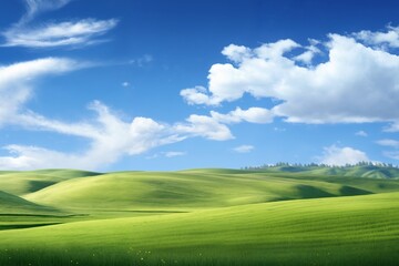 Fototapeta premium A beautiful summer or spring landscape with green grass on the hills and green fields. The blue sky is filled with white clouds and bright sunlight. Nature as a background.