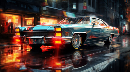 a retro car on the street of a night city, street lights, road