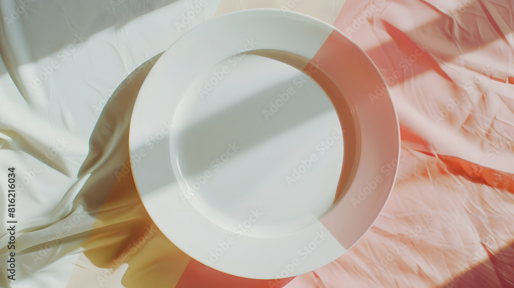 Poster Top view on colored background empty round white plate on tablecloth for food Empty dish on napkin with space for your design : Generative AI