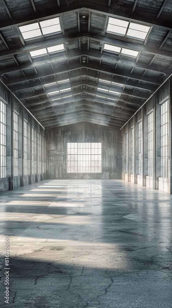 Aufkleber an empty warehouse with multiple large windows letting in natural light