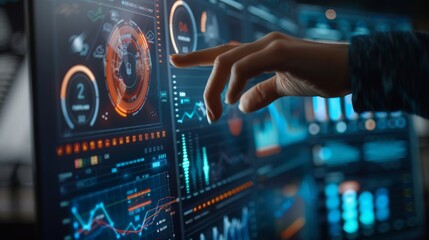 Businessman using virtual screen with business analytics information, closeup