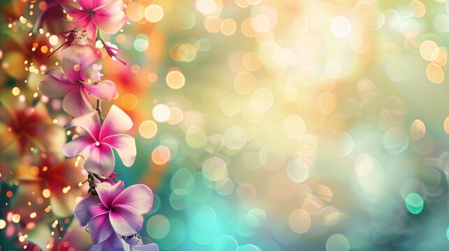 Illustration of Hawaiian flowers and leaves with blurred sunrise background with copy space. AI generated