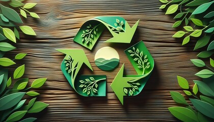 Green Recycle Symbol on Wood. Eco-friendly recycle emblem with leaf accents on a wooden texture.