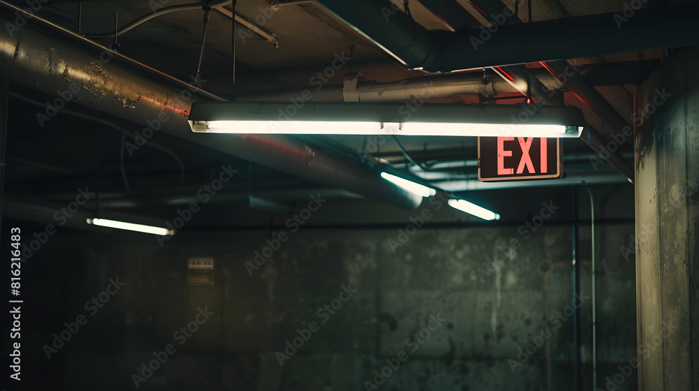 Poster Grungy dimly lit empty parking garage with overhead lights and an exit sign hanging from the ceiling : Generative AI