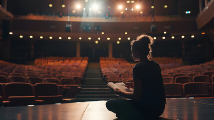 Female performer reviewing notes on stage in empty auditorium : Generative AI