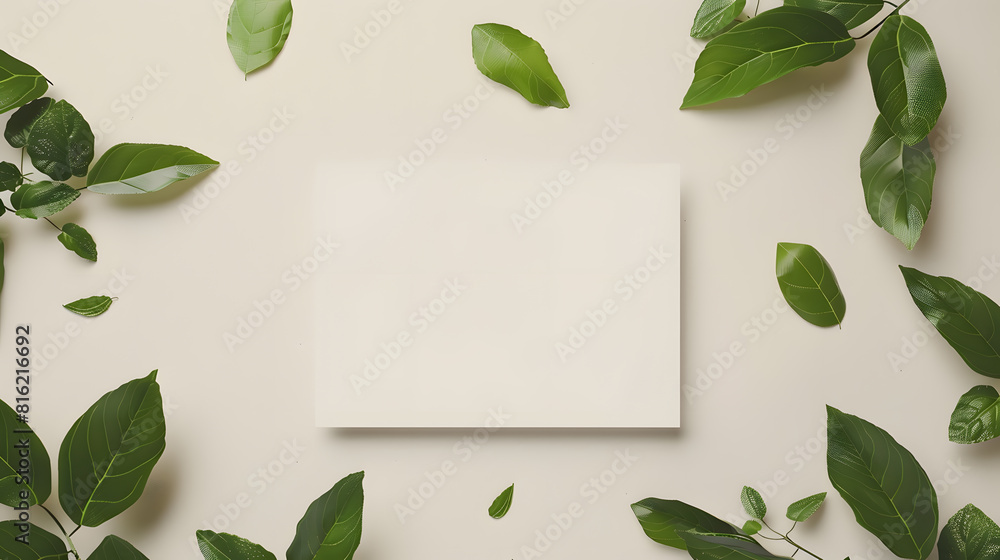 Poster white flat paper rectangle shape at center and fresh green leaves foliage isolated with empty space 