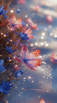 Grass with blue pearl flowers underwater pink, orange, and blue transparency butterflies