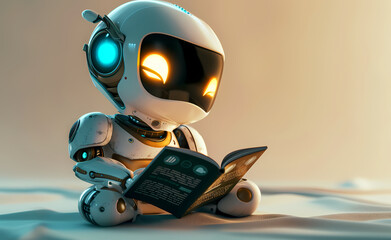 A modern and aesthetically pleasing depiction of a futuristic robot engaged in reading a book, highlighting concepts of learning and artificial intelligence
