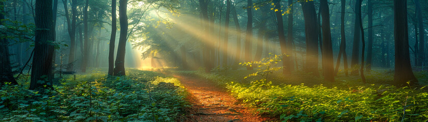 Sunlit Forest Path with Morning Light Beams through Misty Trees