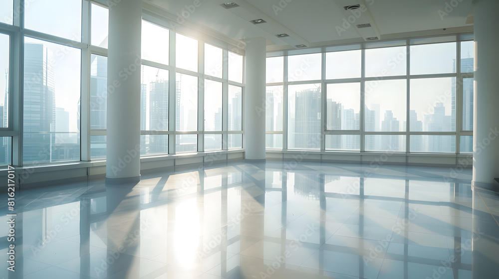 Poster modern building and empty floor with skyline : generative ai