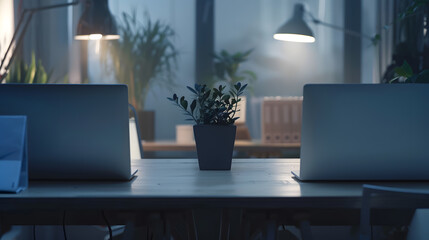 Office desk with two laptops job or business concept : Generative AI