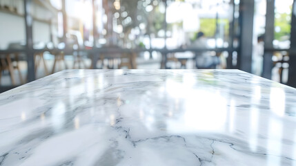 Empty white marble stone table top and blur glass window interior cafe and restaurant banner mock up abstract background  can used for display or montage your products : Generative AI