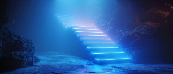 Blue neon lights, stairs, and spotlights make up this abstract scene.