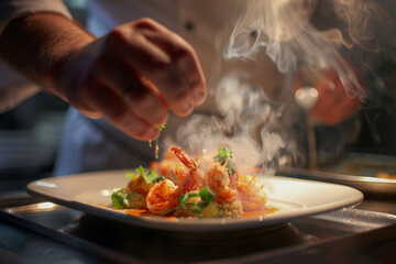Chef Garnishing Exquisite Seafood Dish in Professional Kitchen