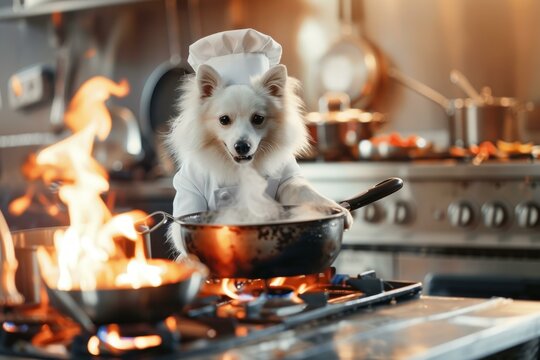 Adorable dog in chef attire appears to cook in a fiery kitchen, displaying humanlike culinary skills