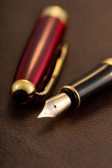Red fountain pen on leather surface, selective focus