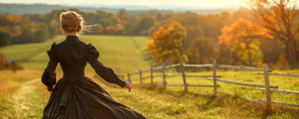 Woman in Vintage Dress Walking Through Autumn Countryside at Sunset