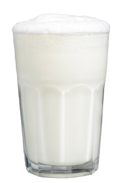 Sparkling buttermilk. Close-up. A glass of ayran isolated on white background