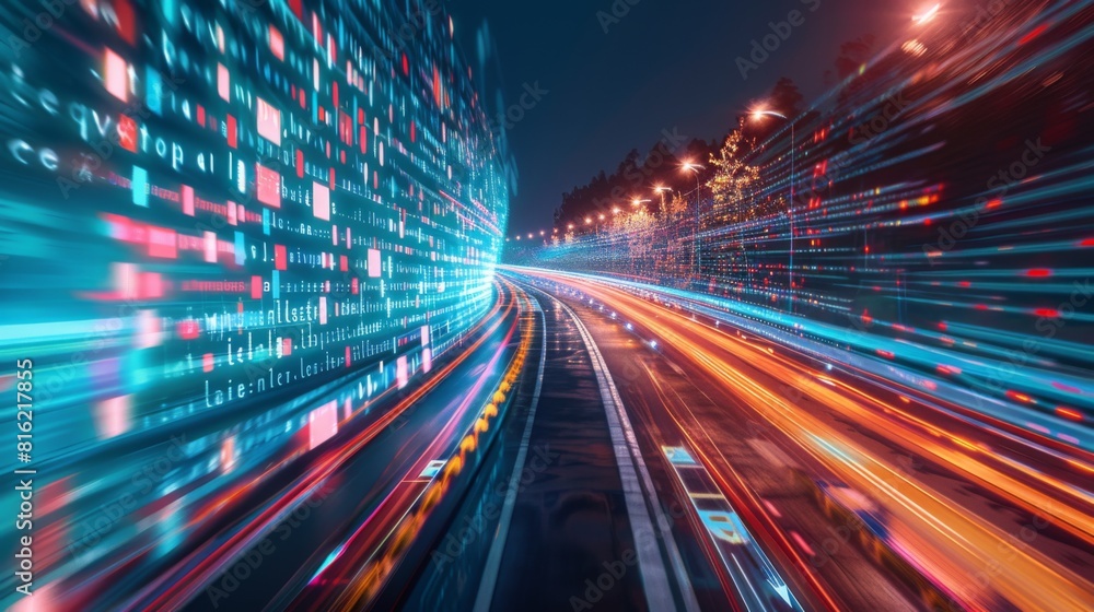 Leinwandbilder digital data flow on road with motion blur to create vision of fast speed transfer . concept of futu