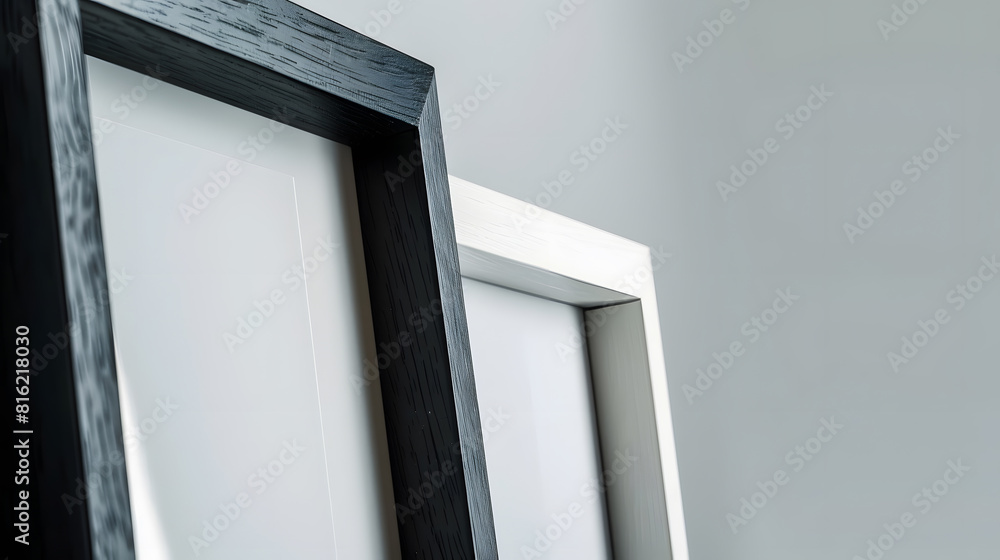 Poster Black wood frame and white picture frame isolated on gray background Object with clipping path : Generative AI