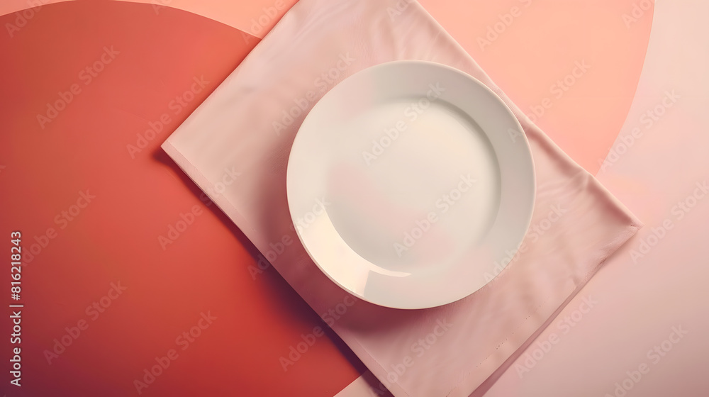 Aufkleber Top view on colored background empty round white plate on tablecloth for food Empty dish on napkin with space for your design : Generative AI