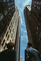Fototapeta premium A male and female businessman stand in front of a commercial office building, looking forward to the future