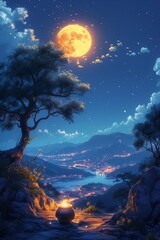 Beautiful picture with boiling cauldron under night sky with moon shining on it. There are tree nearby and far village lights on background.