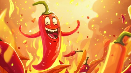 Cartoon chili pepper dancing in flames