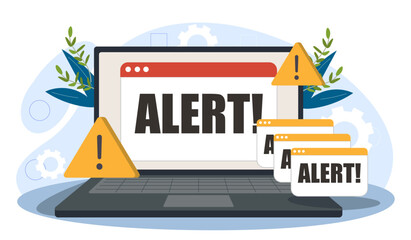 Naklejka premium Illustration of an alert notification on a laptop screen with warning signs and alert messages, in a flat graphic style, on a light background, concept of cybersecurity. vector illustration