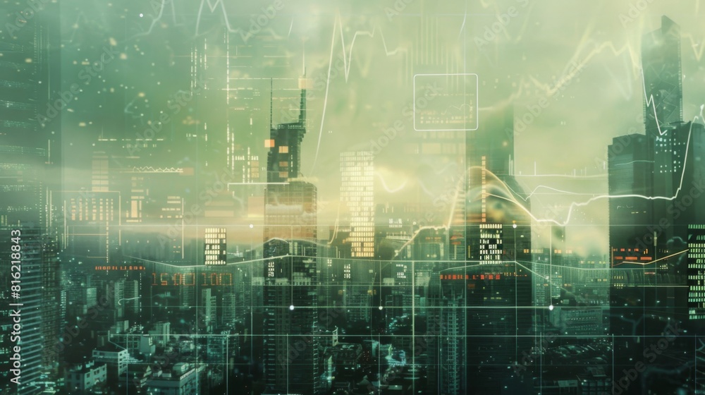 Poster economic crisis concept shown by declining graphs and digital indicators overlap modernistic city ba