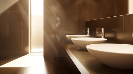 Nice brown modern bathroom with round white sinks : Generative AI