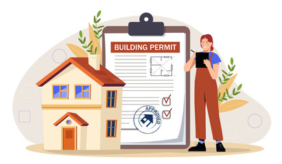 An animated woman checking a building permit clipboard next to a house, with a simple background, concept of construction approval. Flat vector illustration