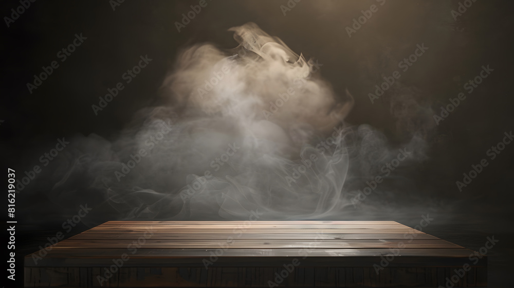 Poster On a black background an empty wooden table with smoke floats up Empty space for displaying your products with a smoke float up on a dark background Space available for displaying your : Generative AI