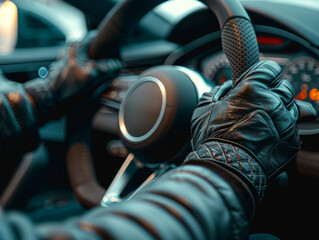 Close-up of a steering wheel being held by a gloved hand, showcasing a tactile and intimate connection.