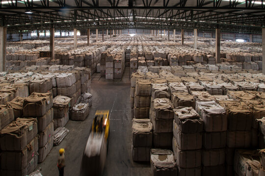 Grande armaz&eacute;m cheio at&eacute; o teto de sacos cheios de caf&eacute;, Minas Gerais, Brasil
