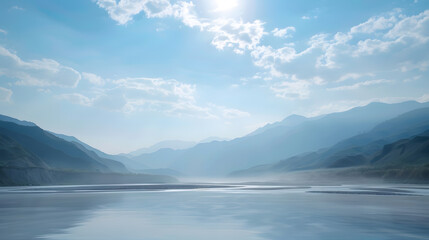 Empty square floor and river with mountains under blue sky : Generative AI