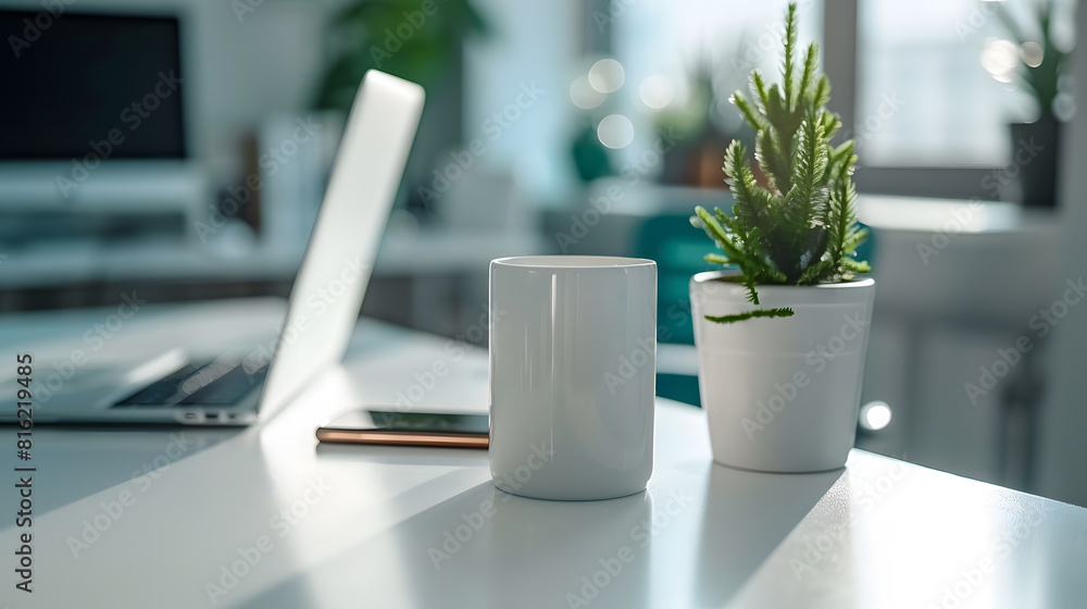 Aufkleber close up view of comfortable office desk with laptop mug tree pot office supplies and copy space on 